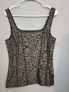 White House Black Market Black and Gray Lace-Trim Jacquard Tank Top